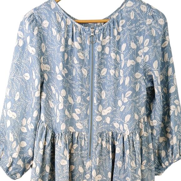 Free People SZ S Paper Hearts Babydoll Mini Dress Blue Floral Linen 1035026 - Picture 6 of 8